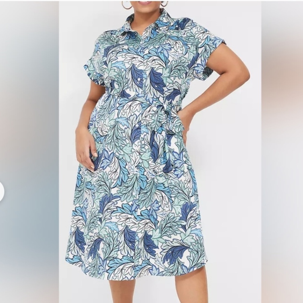 Lane Bryant Leaf Print Button-Front Dress in Blue & Green with Belt